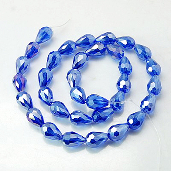 Electroplate Glass Beads Strands, AB Color Plated, Faceted Teardrop, Deep Sky Blue, 7x5mm, about 65~67pcs/strand, 18~18.5 inch(45.5~46.9cm)