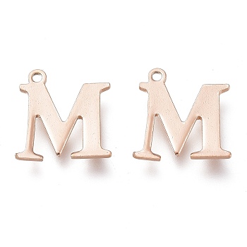 Vacuum Plating  304 Stainless Steel Charms, Laser Cut, Alphabet, Rose Gold, Letter.M, 12x11.5x0.8mm, Hole: 1mm