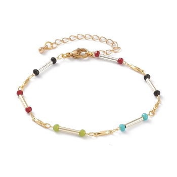 Faceted Rondelle Glass Beaded Bracelets, with Brass Bar Link & Lobster Claw Clasps, Golden, Colorful, 7-3/4 inch(19.6cm)