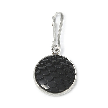Resin Flat Round with Mermaid Fish Scale Keychin, with Iron Keychain Clasp Findings, Black, 2.7cm