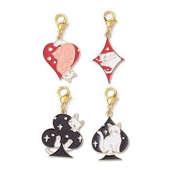 Alloy Enamel Pendant Decorations, with Zinc Alloy Lobster Claw Clasps, Playing Cards with Cat, Mixed Color, 50~53mm