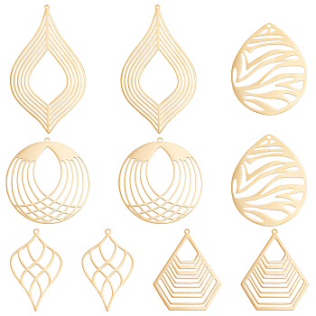 DICOSMETIC 10Pcs 5 Style 201 Stainless Steel Filigree Pendants, Flat Round & Leaf & Polygon & Teardrop, Golden, 2pcs/style