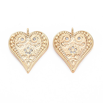 Brass Micro Pave Clear Cubic Zirconia Pendants, Nickel Free, Heart, Real 18K Gold Plated, 22x19x3mm, Hole: 1.2mm