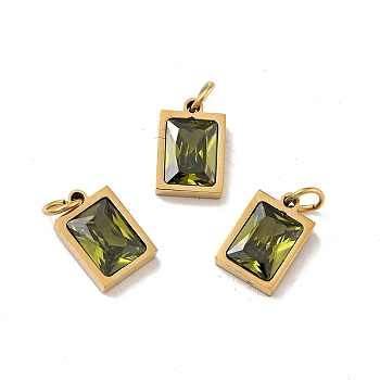 PVD Vacuum Plating 304 Stainless Steel Pendants, with Cubic Zirconia and Jump Rings, Single Stone Charms, Rectangle, Golden, Olive Drab, 11.5x8x3.5mm, Hole: 3.6mm