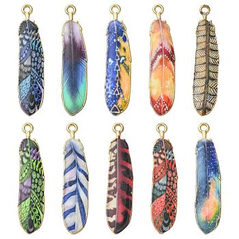 30Pcs 10 Styles Rack Plating Alloy Pendants, Printed, Lead Free & Cadmium Free & Nickel Free, Feather Charm, Light Gold, Mixed Color, 36.5x8x1.5mm, Hole: 1.8mm, 3pcs/style