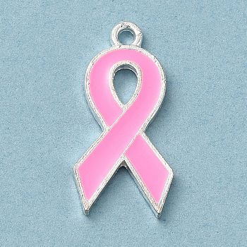 Breast Cancer Pink Awareness Ribbon Theme Alloy Enamel Pendants, Silver, Awareness Ribbon, 23x11x1.7mm, Hole: 1.5mm