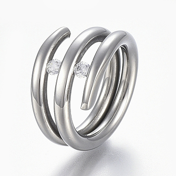 304 Stainless Steel Wide Band Finger Rings, with Cubic Zirconia, Size 7, Stainless Steel Color, 17mm