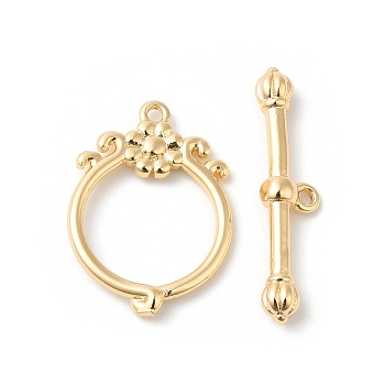 Brass Toggle Clasps, Ring with Flower, Real 18K Gold Plated, Ring: 18.5x13x2mm, Hole: 1mm, Bar: 22x5x3mm, Hole: 1mm