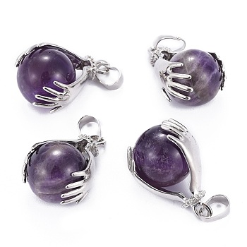 Gemstone Pendants, with Brass Findings and Natural Amethyst, Round, Platinum, Medium Purple, 27x18mm, Hole: 4x6mm