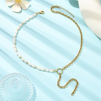 304 Stainless Steel Cable Chain Tassel Natural Pearl Rice Beaded Lariat Necklaces, White, Golden, 17.13 inch(43.5cm)