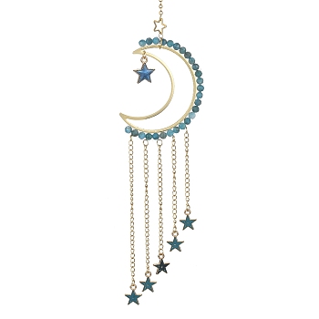 Natural Apatite & Brass Moon Pendant Decorations, with Alloy Enamel Star Charms, for Home Moon Decorations, 225mm