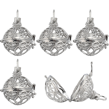 10Pcs Filigree Round Brass Cage Pendants, For Chime Ball Pendant Necklaces Making, Platinum, 37mm, 30.5x29x24mm, Hole: 5x6mm, 20mm inner diameter