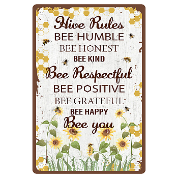 Tinplate Sign Poster, Vertical, for Home Wall Decoration, Rectangle with Word Hive Rules, Bees Pattern, 300x200x0.5mm