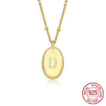 925 Sterling Silver Letter Initial Oval Pendant Necklaces for Women, with Cable Chains, Real 18K Gold Plated, Letter D, 15.75 inch(40cm)