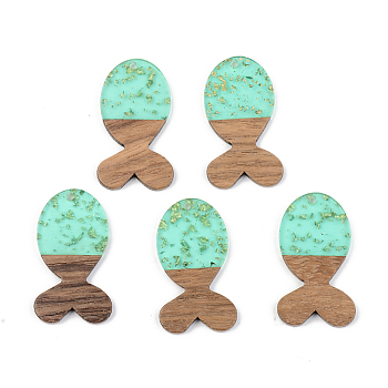 Transparent Resin & Walnut Wood Pendants, with Gold Foil, Fish, Pale Turquoise, 38x22x3mm, Hole: 2mm