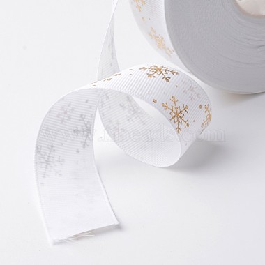 Golden Snowflake Pattern Printed Polyester Grosgrain Ribbon(SRIB-K002-25mm-M01)-2