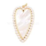 Brass with Natural White Shell Pendants, with ABS Plastic Imitation Pearl Beaded Edge, Real 18K Gold Plated, Long-Lasting Plated, Rack Plating, Lead Free & Cadmium Free, Heart Charms, 51.5x30x5mm, Jump Ring: 8x1.5mm, Inner Diameter: 5mm(KK-C162-005B-G)