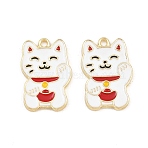 Alloy Enamel Pendants, Maneki Neko Charms, Golden, White, 26x17x1.5mm, Hole: 2mm(AL-CBA1F11-04G-A)