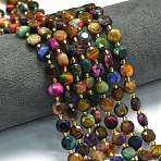 Dyed Natural Tiger Eye Beads Strands, Faceted Hexagonal Cut Coin Beads, Flat Round, with Seed Beads, Colorful, 8~8.5x5mm, Hole: 0.8mm, about 36pcs/strand, 15.16''(38.5cm)(G-C116-A03-02)