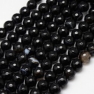 Natural Black Striped Agate/Banded Agate Beads Strands, Faceted, Dyed, Round, Black, 10mm, Hole: 1.2mm, about 38pcs/strand, 15 inch(G-G581-10mm-03)