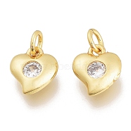 Brass Micro Pave Clear Cubic Zirconia Charms, with Jump Ring, Heart, Golden, 8.5x7x2.5mm, Hole: 1.5mm, Jump Rings: 3.5x0.8mm(KK-M206-37G)