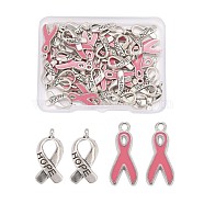 50Pcs 2 Styles Alloy Enamel Pendants, Platinum Plated October Breast Cancer Pink Awareness Ribbon & Antique Silver Plated Awareness  Ribbon with Word Hope, 19x8x1mm & 19x8x3mm, Hole: 2mm, 25Pcs/Style(ENAM-LS0001-29)