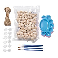 DIY Decorative Wood Crafting Balls, includ No Hole Natural Wooden Round Beads, Plastic Empty Paint Palette & Watercolor Oil Palette & Paint Brushes Pens, Jute Twine, Mixed Color, Beads: 19~20mm/24~25mm, 60pcs/set(DIY-PH0004-91)