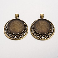 Flat Round Tibetan Style Alloy Pendant Cabochon Settings, Lead Free & Nickel Free & Cadmium Free, Antique Bronze, Tray: 25mm, 44.5x36x2mm, Hole: 7x4mm(X-PALLOY-K110-03AB-NR)