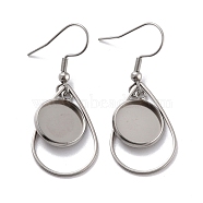 201 Stainless Steel Earring Hooks, with Teardrop Blank Pendant Trays, Flat Round Setting for Cabochon, Stainless Steel Color, 41mm, 22 Gauge, Pin: 0.6mm(STAS-Z036-10P)