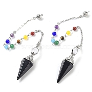 Natural Obsidian Hexagonal Pointed Dowsing Pendulums, with Chakra Mixed Stone and Alloy Findings, Cone/Spike, Platinum, 266mm, Hole: 1.6mm(G-P552-05P-06)