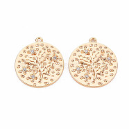 Brass Micro Pave Clear Cubic Zirconia Pendants, Nickel Free, Flat Round with Holly Leaf, Real 18K Gold Plated, 22x20x2mm, Hole: 1.5mm(KK-S364-169)