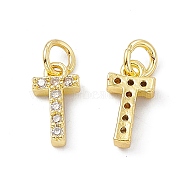 Real 18K Gold Plated Brass Micro Pave Clear Cubic Zirconia Charms, with Jump Ring, Letter.T, 12x6x2.5mm, Hole: 3.4mm(KK-E068-VB452-T)
