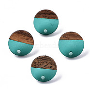 Transparent Resin & Walnut Wood Stud Earring Findings, with 304 Stainless Steel Pin, Flat Round, Turquoise, 14mm, Hole: 1.8mm, Pin: 0.7mm(MAK-N032-007A-A01)