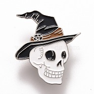 Skull with Witch Hat Enamel Pin, Halloween Alloy Badge for Backpack Clothes, Platinum, Black, 35x30x1.5mm, Pin: 1.2mm(JEWB-M023-06)
