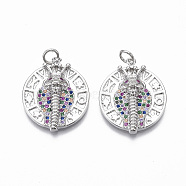 Brass Micro Pave Cubic Zirconia Pendants, with Jump Ring, Nickel Free, Flat Round with CoBra Snake, Colorful, Real Platinum Plated, 25x20.5x6mm, Hole: 3mm(KK-R133-014P-NF)