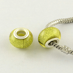Large Hole Resin European Beads, with Silver Color Plated Brass Double Cores, Rondelle, Yellow, 14x9mm, Hole: 5mm(OPDL-R118-14B)