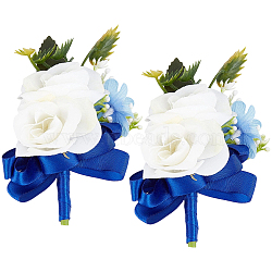 2Pcs Silk Cloth Flower Boutonniere Brooch, Platic Lapel Pin for Wedding Party, Marine Blue, 127x90x47mm(JEWB-CP0001-42)