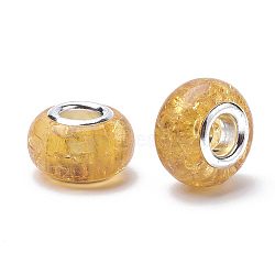 Crackle Resin European Beads, Large Hole Beads, with Silver Color Plated Brass Cores, Rondelle, Dark Orange, 13.5~14x8.5~9mm, Hole: 5mm(RPDL-S012-B07)