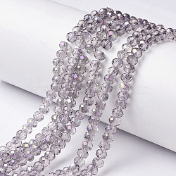 Electroplate Transparent Glass Beads Strands, Half Rainbow Plated, Faceted, Rondelle, Lilac, 6x5mm, Hole: 1mm, about 85~88pcs/strand, 16.1~16.5 inch(41~42cm)(EGLA-A034-T6mm-F12)