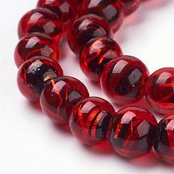 Handmade Silver Foil Lampwork Beads Strands, Round, Red, 10mm, Hole: 2mm, 40pcs/strand, 14.57 inch(FOIL-L016-C03)
