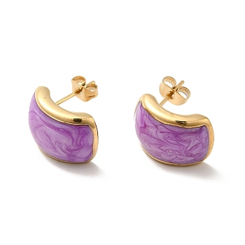 Enamel Curved Rectangle Stud Earrings, Golden 304 Stainless Steel Jewelry for Women, Medium Purple, 15.5x10.5x6mm, Pin: 0.8mm