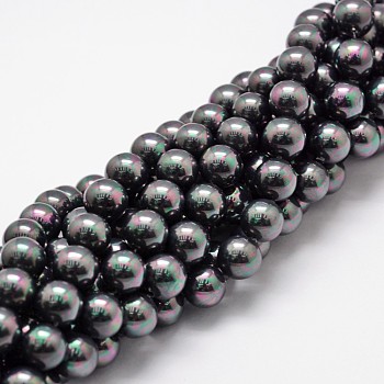 Shell Pearl Bead Strands, Rainbow Plated, Grade A, Round, Black, 12mm, Hole: 1mm, about 34pcs/strand, 16 inch