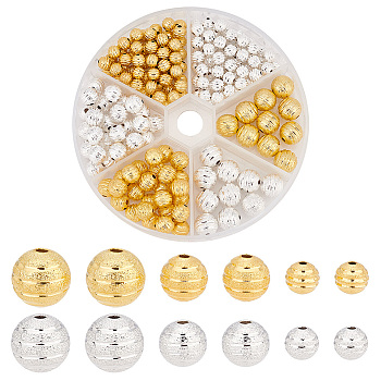 PandaHall Elite 190pcs 6 Style Brass Beads, Textured, Round, Golden & Silver, 6~10mm, Hole: 1.4~1.8mm