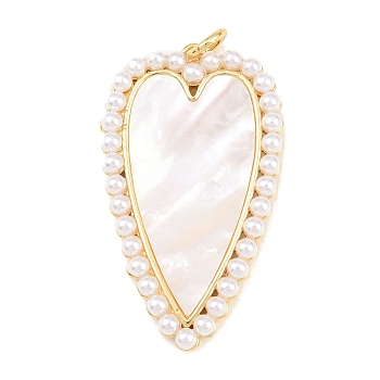 Brass with Natural White Shell Pendants, with ABS Plastic Imitation Pearl Beaded Edge, Real 18K Gold Plated, Long-Lasting Plated, Rack Plating, Lead Free & Cadmium Free, Heart Charms, 51.5x30x5mm, Jump Ring: 8x1.5mm, Inner Diameter: 5mm