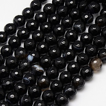 Natural Black Striped Agate/Banded Agate Beads Strands, Faceted, Dyed, Round, Black, 10mm, Hole: 1.2mm, about 38pcs/strand, 15 inch