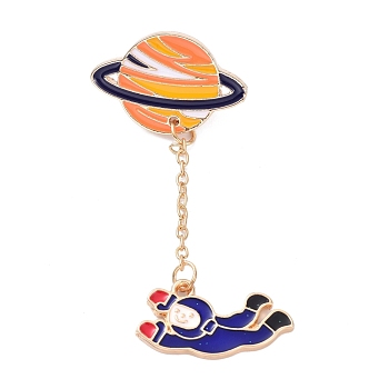 Alloy Enamel Brooches, Enamel Pin, Planet with Spaceman, Golden, Dark Violet, 63.5mm, Pin: 1.2mm