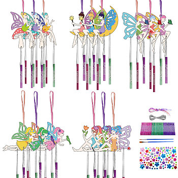 DIY Wood Wind Chime Making Kit, Including 45Pcs Aluminum Tube Wind Chim, 15Pcs Wood , 13M Silver Wire, 2Pcs Brush, 1 Sheets Rhinestone Sticker, 15Pcs Colored Rope, Fairy, 126x79mm