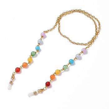 Chakra Jewelry, Eyeglasses Chains, Neck Strap for Eyeglasses, with Acrylic Round Beads, 304 Stainless Steel Lobster Claw Clasps, Alloy Beads, Aluminium Cable Chains and Rubber Loop Ends, Colorful, Golden, 27.76 inch(70.5cm)