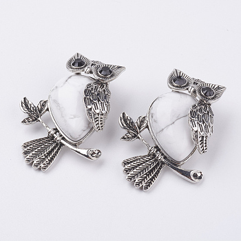 Natural Howlite Pendants, with Alloy Finding, Owl, Antique Silver, 46.5x35.5x11.5mm, Hole: 6x8.5mm