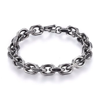 Retro 304 Stainless Steel Cable Chain Bracelets, with Toggle Clasps, Antique Silver, 8-5/8 inch(22cm), 9x3mm